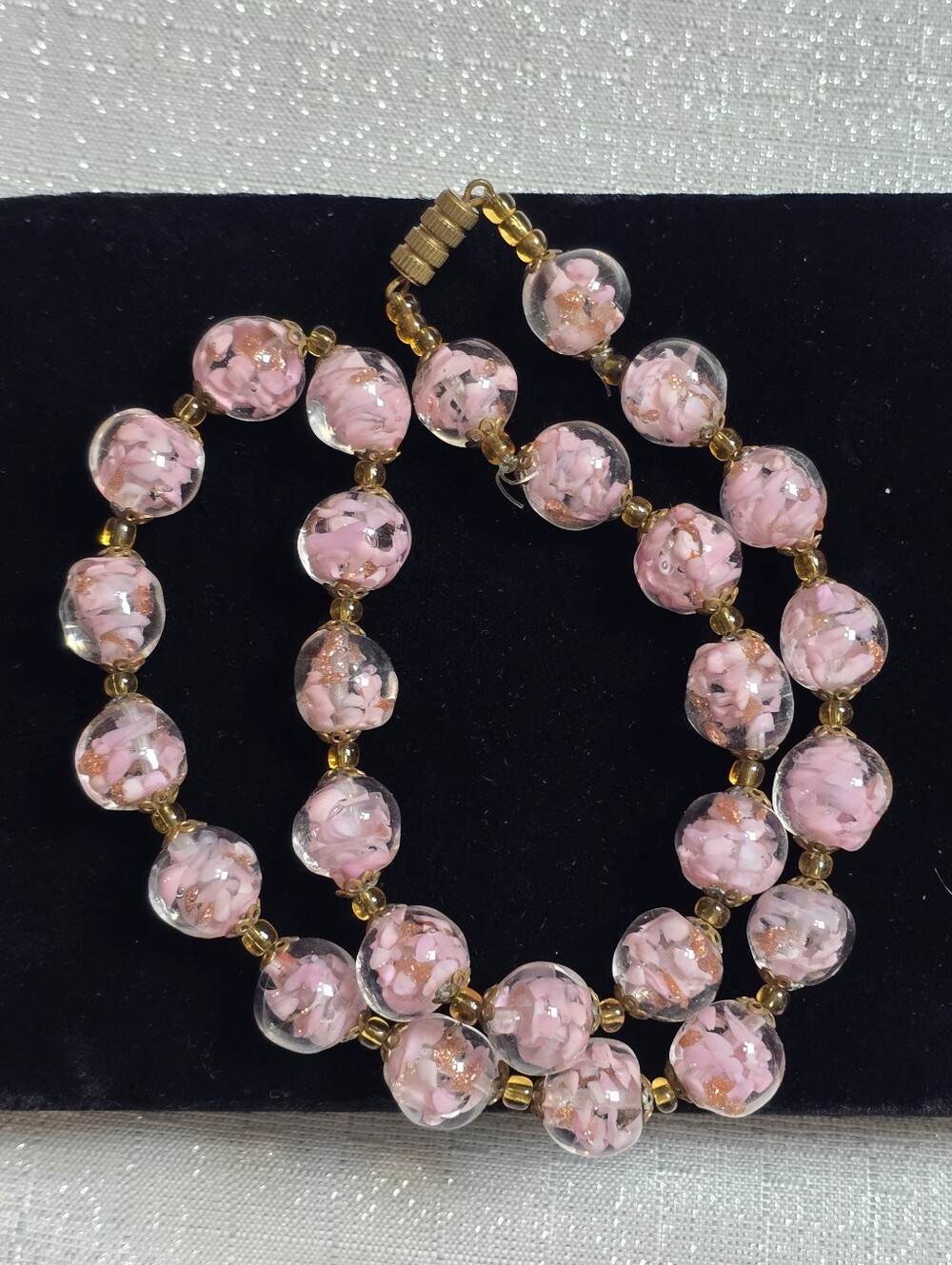 Vintage Venetian Murano Pink & Copper Flakes Art Glass Necklace
